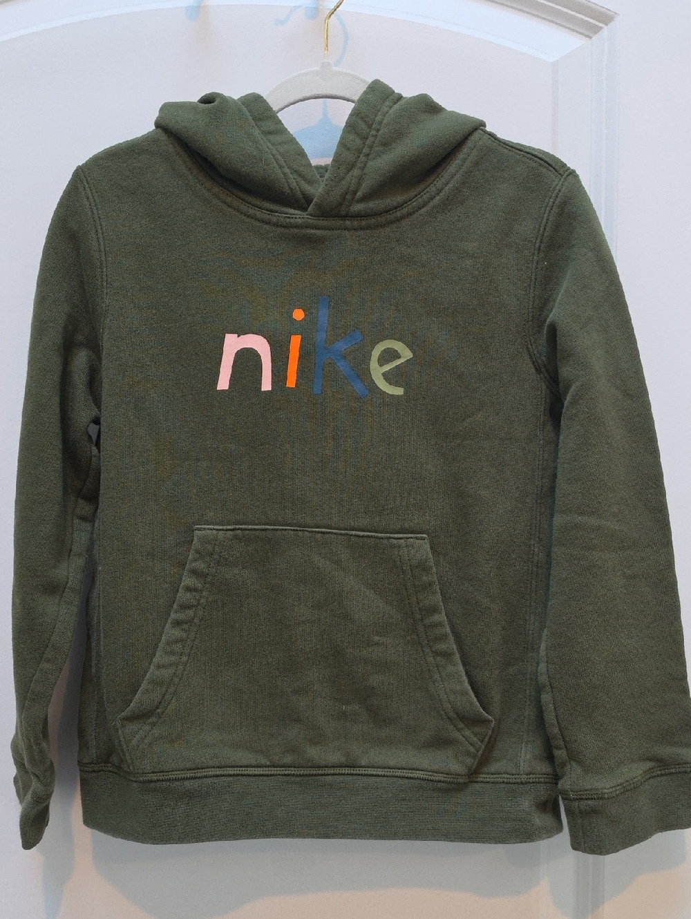 Nike Kids Olive Green Hoodie with Multicolor Logo